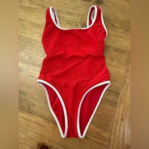 LainSnow Ocean Isle Vibrant Red One Piece Swimsuit with White Accents